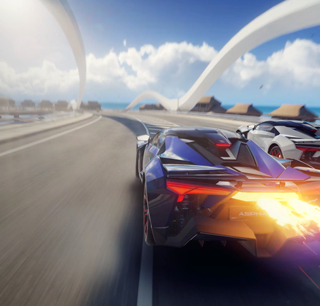 Bir video oyunundan, kavisli bir yolda hız yapan bir arabayı gösteren bir kare.
