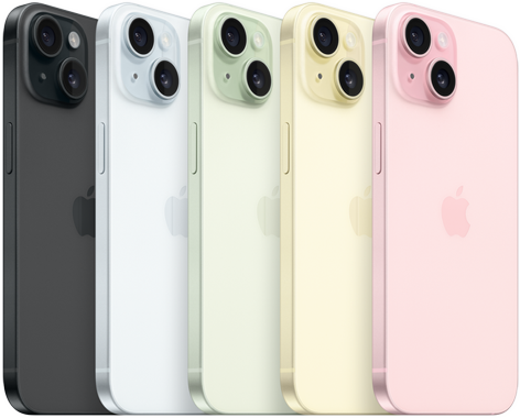 iPhone 15’in gelişmiş kamera sistemini ve renkle işlenmiş dayanıklı cam arka yüzeyin bütün renklerinin (Siyah, Mavi, Yeşil, Sarı, Pembe) arkadan görünümü.