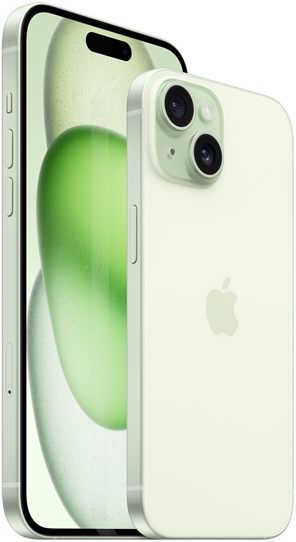 6.7 inç iPhone 15 Plus ile 6.1 inç iPhone 15’in boyutlarının karşılaştırılması için yan yana durdukları görsel.