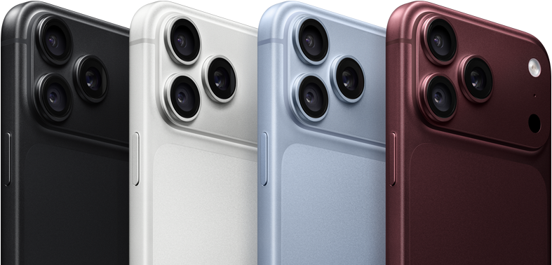 Yan yana dizilmiş iPhone 18 Pro aygıtları, arkadan dış görünüm, dört renk seçeneği: Burgonya Rengi, Buzul Rengi, Gümüş Rengi, Siyah, sol üst köşede Pro Fusion kamera sistemi, 3 adet lens, mikrofon, flaş