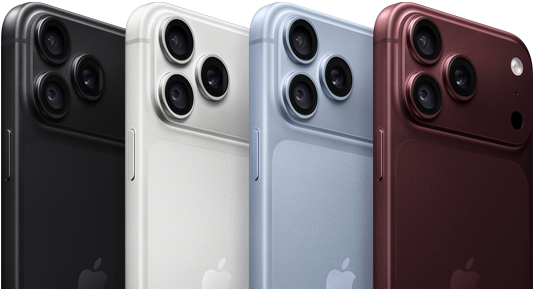Yan yana dizilmiş iPhone 18 Pro aygıtları, arkadan dış görünüm, dört renk seçeneği: Burgonya Rengi, Buzul Rengi, Gümüş Rengi, Siyah, sol üst köşede Pro Fusion kamera sistemi, 3 adet lens, mikrofon, flaş