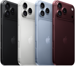 Yan yana dizilmiş iPhone 18 Pro aygıtları, arkadan dış görünüm, dört renk seçeneği: Burgonya Rengi, Buzul Rengi, Gümüş Rengi, Siyah, sol üst köşede Pro Fusion kamera sistemi, 3 adet lens, mikrofon, flaş
