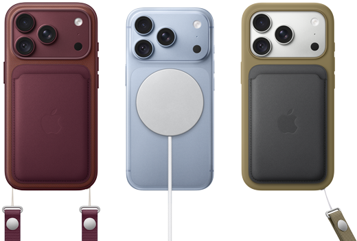 iPhone 18 Pro, arkadan dış görünüm, Burgonya rengi, Burgonya rengi MagSafe özellikli Mikro Dokuma Cüzdan; iPhone 18 Pro, arkadan dış görünüm, Buzul rengi, MagSafe Pil; iPhone 18 Pro, arkadan dış görünüm, Gümüş rengi, Yeşil renk Silikon Kılıf ve MagSafe Şarj Aygıtı