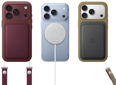 iPhone 18 Pro, arkadan dış görünüm, Burgonya rengi, Burgonya rengi MagSafe özellikli Mikro Dokuma Cüzdan; iPhone 18 Pro, arkadan dış görünüm, Buzul rengi, MagSafe Pil; iPhone 18 Pro, arkadan dış görünüm, Gümüş rengi, Yeşil renk Silikon Kılıf ve MagSafe Şarj Aygıtı