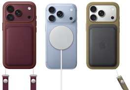iPhone 18 Pro, arkadan dış görünüm, Burgonya rengi, Burgonya rengi MagSafe özellikli Mikro Dokuma Cüzdan; iPhone 18 Pro, arkadan dış görünüm, Buzul rengi, MagSafe Pil; iPhone 18 Pro, arkadan dış görünüm, Gümüş rengi, Yeşil renk Silikon Kılıf ve MagSafe Şarj Aygıtı
