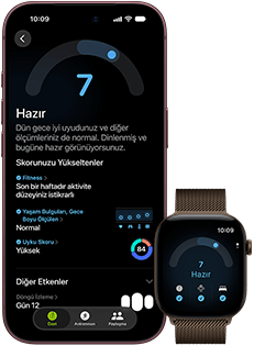 iPhone 18 Pro, siyah, önden dış görünüm, ekranda Hazır Olma durumunun (skor 7) sonuçları gösteriliyor, Apple Watch ile eşleştirilmiş, önden görünüm, kahverengi, ekranında aynı Hazır Olma skoru 7 görünüyor