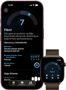 iPhone 18 Pro, siyah, önden dış görünüm, ekranda Hazır Olma durumunun (skor 7) sonuçları gösteriliyor, Apple Watch ile eşleştirilmiş, önden görünüm, kahverengi, ekranında aynı Hazır Olma skoru 7 görünüyor