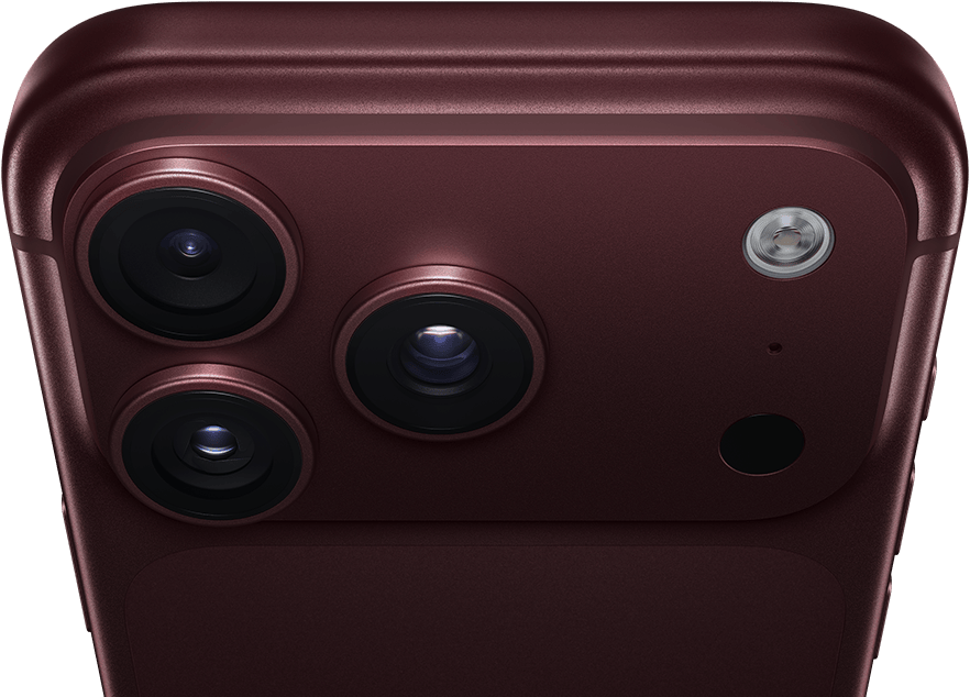 iPhone 18 Pro Max, burgonya rengi (koyu kırmızı), arkadan dış görünüm, üstte Pro Fusion kamera sistemi, 3 adet lens, kısmen kapalı değişken diyafram kanatları, flaş, mikrofon ve LiDAR Tarayıcısı, üstten dış görünüm, hücresel bağlantı anteni, düz kenarlar, yuvarlatılmış köşeler