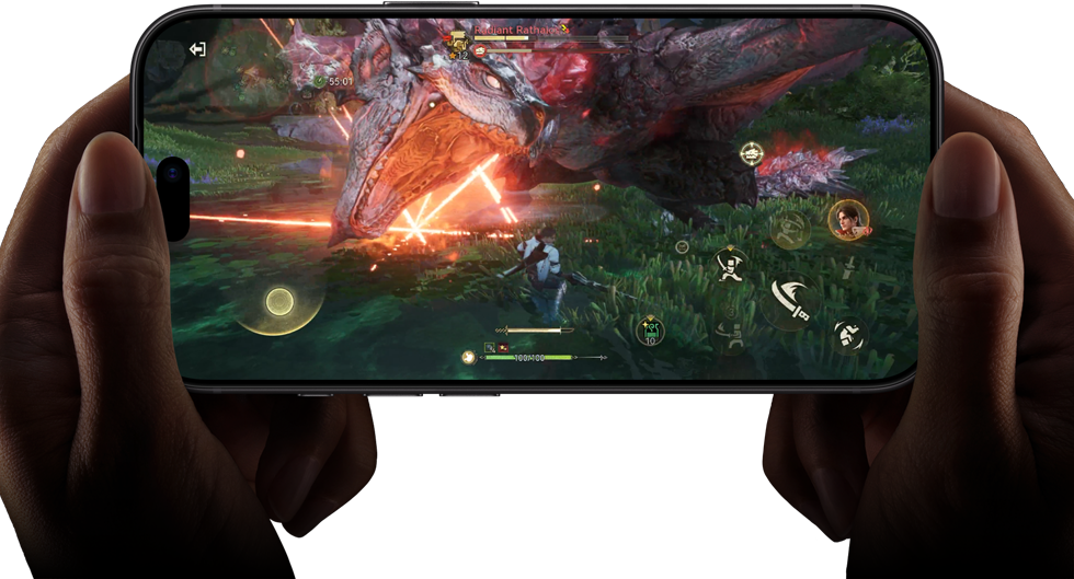 iPhone 18 Pro, önden dış görünüm, Monster Hunter Outlanders oyunundan bir sahneyle A20 Pro çipin performans özellikleri gösteriliyor