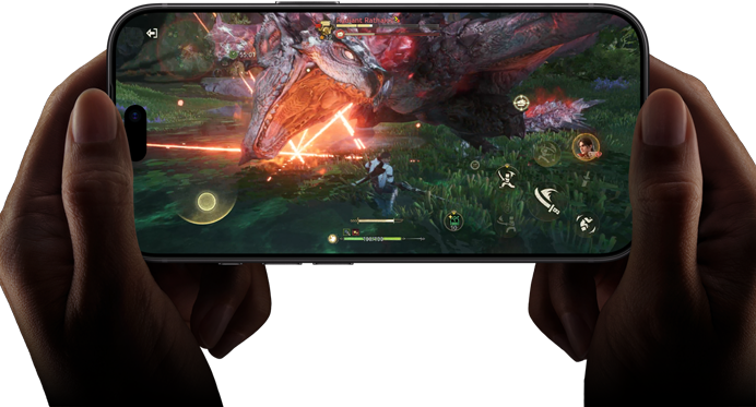 iPhone 18 Pro, önden dış görünüm, Monster Hunter Outlanders oyunundan bir sahneyle A20 Pro çipin performans özellikleri gösteriliyor
