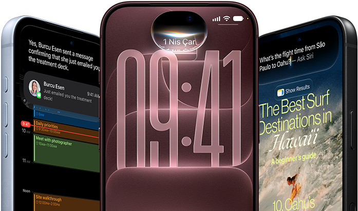 Siyah, Buzul ve Burgonya renklerinde 3 adet iPhone 18 Pro aygıtı, önden dış görünüm, ekranlarında kilit ekranında Siri AI entegrasyonu, Mesaj Özeti ve Siri’ye Sor gösteriliyor