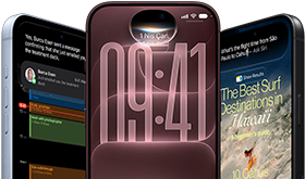 Siyah, Buzul ve Burgonya renklerinde 3 adet iPhone 18 Pro aygıtı, önden dış görünüm, ekranlarında kilit ekranında Siri AI entegrasyonu, Mesaj Özeti ve Siri’ye Sor gösteriliyor