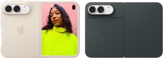 iPhone Duo, Yıldız Rengi, Kum Beji Silikon Kılıf takılı, yatay pozisyonda, tam açık ve yatay pozisyonda, sol üstte Dual Fusion kameralar, kılıf arka dış yüzeyi ve ön ekranın dış kenarlarını kapatıyor, sağ taraftaki dış ekranda bir kişinin portresi yer alıyor. iPhone V68, Yıldız Rengi, Lacivert Folio takılı, arkadan dış görünümde 48 MP Dual Fusion arka kameralar ve iki lens yer alıyor