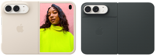 iPhone Duo, Yıldız Rengi, Kum Beji Silikon Kılıf takılı, yatay pozisyonda, tam açık ve yatay pozisyonda, sol üstte Dual Fusion kameralar, kılıf arka dış yüzeyi ve ön ekranın dış kenarlarını kapatıyor, sağ taraftaki dış ekranda bir kişinin portresi yer alıyor. iPhone V68, Yıldız Rengi, Lacivert Folio takılı, arkadan dış görünümde 48 MP Dual Fusion arka kameralar ve iki lens yer alıyor