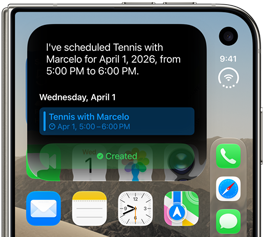 iPhone Duo, kapalı, dış ekranda takvim güncellemesini gösteren bir Siri AI bildirimi
