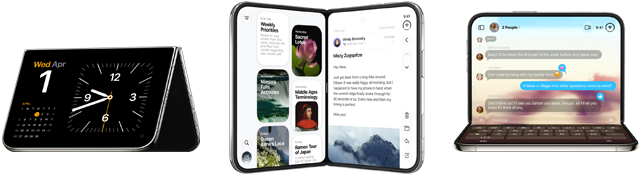 Farklı pozisyonlarda yan yana duran üç adet iPhone Duo modeli; soldaki iPhone Duo kenarları üzerinde ters V şeklinde duruyor, ekranı öne bakıyor, Bekleme Modu’nda Saat uygulaması gösteriliyor; ortadaki iPhone Duo, V şeklinde ve dik duruyor, solda Siri uygulaması ve sağda Mesajlar uygulaması gösteriliyor; sağdaki iPhone Duo katlanmış halde dikey olarak alt panel üzerinde duruyor, ekranı öne bakıyor, ekranında Fitness+ uygulaması gösteriliyor