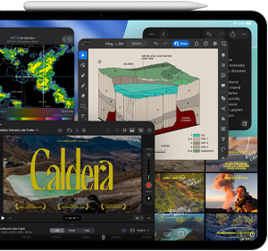 iPad Pro, önden dış görünüm, yatay pozisyonda, uzay siyahı rengi, aygıtın üstünde Apple Pencil duruyor, ekranda çok sayıda video düzenleme özelliği ve zaman çizelgesine sahip Final Cut Pro, Haritalar, Notlar ve çeşitli medya kliplerini içeren birçok uygulama penceresi görünüyor