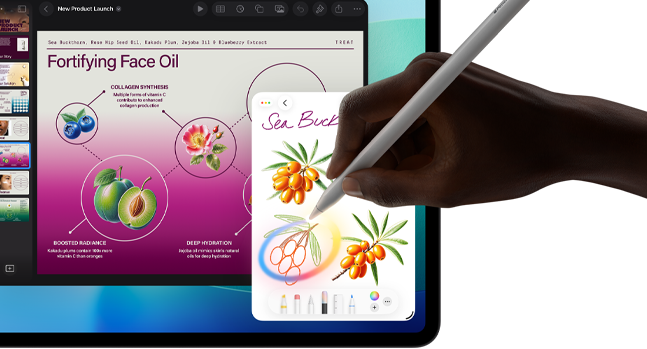 iPad Pro, koyu mavi ve yeşil gradyanlı arka plan üzerinde birden fazla uygulamanın açık olduğu ekran ile önden dış görünüm, Apple Pencil Pro tutarak bir çizimi daire içine alan el ile Apple Intelligence Görsel Sihirbazı özelliği gösteriliyor
