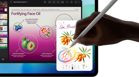 iPad Pro, koyu mavi ve yeşil gradyanlı arka plan üzerinde birden fazla uygulamanın açık olduğu ekran ile önden dış görünüm, Apple Pencil Pro tutarak bir çizimi daire içine alan el ile Apple Intelligence Görsel Sihirbazı özelliği gösteriliyor