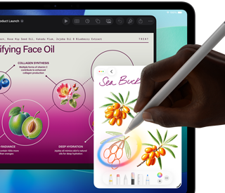 iPad Pro, koyu mavi ve yeşil gradyanlı arka plan üzerinde birden fazla uygulamanın açık olduğu ekran ile önden dış görünüm, Apple Pencil Pro tutarak bir çizimi daire içine alan el ile Apple Intelligence Görsel Sihirbazı özelliği gösteriliyor