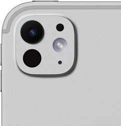 iPad Pro, arkadan dış görünüm, gümüş rengi, beş bileşenli mercek ve adaptif true tone flash özelliğine sahip pro kamera sistemi