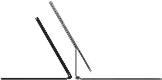 Magic Keyboard’a takılı iki adet iPad Pro aygıtı, yandan dış görünüm, ince profil, uzay siyahı rengi, hoparlörler ve USB‑C bağlantı noktası, öne doğru eğik ve yarı açık ekran, gümüş rengi, açık, arkaya doğru eğik ekran klavyenin havada tutan askı modeli tasarımını, hoparlörleri ve mikrofonu gösteriyor
