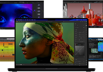 Mac’teki müzik prodüksiyonu, video düzenleme, 3D animasyon ve fotoğraf düzenleme uygulamalarından çeşitli ve rengarenk ekran içerikleriyle güçlü grafik performansı gösteriliyor