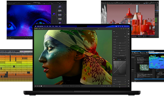 Mac’teki müzik prodüksiyonu, video düzenleme, 3D animasyon ve fotoğraf düzenleme uygulamalarından çeşitli ve rengarenk ekran içerikleriyle güçlü grafik performansı gösteriliyor