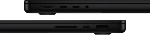 MacBook Pro’daki bağlantı noktaları gösteriliyor: Sol tarafta MagSafe 3, iki adet Thunderbolt bağlantı noktası ve kulaklık jakı; Sağ tarafta SDXC kart yuvası, bir adet Thunderbolt bağlantı noktası ve HDMI