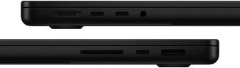 MacBook Pro’daki bağlantı noktaları gösteriliyor: Sol tarafta MagSafe 3, iki adet Thunderbolt bağlantı noktası ve kulaklık jakı; Sağ tarafta SDXC kart yuvası, bir adet Thunderbolt bağlantı noktası ve HDMI
