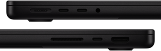 MacBook Pro’daki bağlantı noktaları gösteriliyor: Sol tarafta MagSafe 3, iki adet Thunderbolt bağlantı noktası ve kulaklık jakı; Sağ tarafta SDXC kart yuvası, bir adet Thunderbolt bağlantı noktası ve HDMI