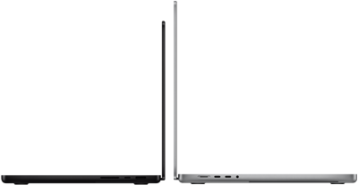 Sırt sırta duran 14 inç MacBook Pro ve 16 inç MacBook Pro arasındaki boyut farkı gösteriliyor ve ince profil vurgulanıyor