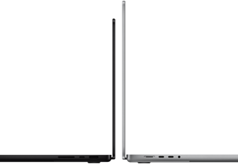 Sırt sırta duran 14 inç MacBook Pro ve 16 inç MacBook Pro arasındaki boyut farkı gösteriliyor ve ince profil vurgulanıyor