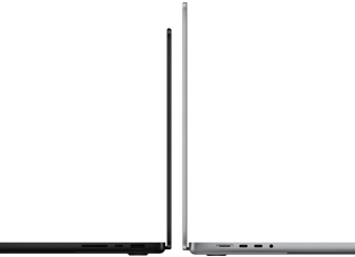 Sırt sırta duran 14 inç MacBook Pro ve 16 inç MacBook Pro arasındaki boyut farkı gösteriliyor ve ince profil vurgulanıyor