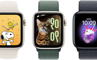 Altı ayrı Apple Watch’taki Memoji, Fotoğraflar, Portre ve Snoopy de dahil olmak üzere saat kadranı seçenekleri