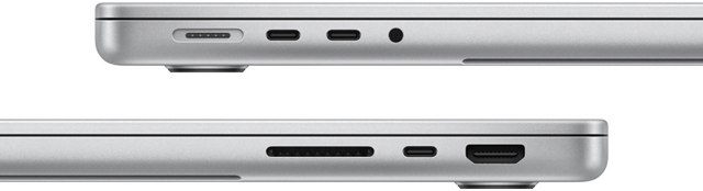 M3 Pro çipe sahip 14 inç MacBook Pro’nun bağlantı noktalarının yandan görünümü: sol tarafta MagSafe bağlantı noktası, iki adet Thunderbolt 4 bağlantı noktası ve kulaklık jakı; sağ tarafta SDXC kart yuvası, bir adet Thunderbolt 4 bağlantı noktası ve HDMI bağlantı noktası