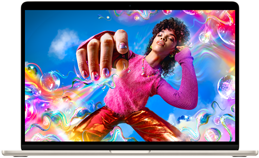 Liquid Retina ekranın renk yelpazesini ve çözünürlüğünü sergilemek için renkli bir görsel gösteren MacBook Air ekranı