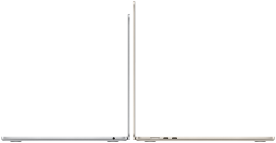 Açık durumda sırt sırta duran 13 inç ve 15 inç MacBook Air modelleri