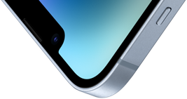 Ceramic Shield ön yüzeye sahip iPhone 14’ün sol üst köşesi.