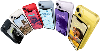 Gece Yarısı, Yıldız Işığı, PRODUCT(RED), Mavi, Mor ve Sarı olmak üzere altı renkte iPhone 14’ün önden ve arkadan görünümü.