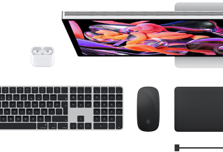 Mac aksesuarları: Airpods, Studio Display, Magic Keyboard, Magic Mouse, Magic Trackpad, Uzay Siyahı rengi MagSafe şarj kablosu