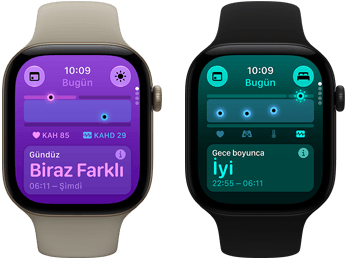 İki adet Apple Watch Series 12 aygıtı: alüminyum kasa, uçuk altın rengi, Gündüz Yaşam Bulguları Biraz Farklı, Digital Crown, kum beji renk Spor Kordon, alüminyum kasa, siyah renk, Gece Boyu Ölçülen Yaşam Bulguları İyi, Digital Crown, siyah Spor Kordon