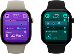 İki adet Apple Watch Series 12 aygıtı: alüminyum kasa, uçuk altın rengi, Gündüz Yaşam Bulguları Biraz Farklı, Digital Crown, kum beji renk Spor Kordon, alüminyum kasa, siyah renk, Gece Boyu Ölçülen Yaşam Bulguları İyi, Digital Crown, siyah Spor Kordon