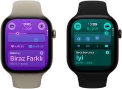 İki adet Apple Watch Series 12 aygıtı: alüminyum kasa, uçuk altın rengi, Gündüz Yaşam Bulguları Biraz Farklı, Digital Crown, kum beji renk Spor Kordon, alüminyum kasa, siyah renk, Gece Boyu Ölçülen Yaşam Bulguları İyi, Digital Crown, siyah Spor Kordon