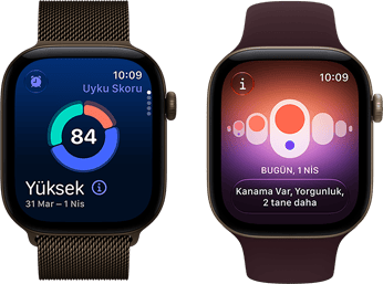 Apple Watch Series 12, alüminyum kasa, koyu bronz renk, uyku skoru halkasının grafiği, Digital Crown, Milano Loop kordon, koyu bronz renk