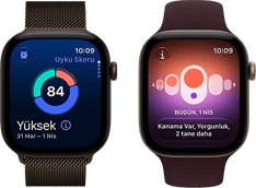 Apple Watch Series 12, alüminyum kasa, koyu bronz renk, uyku skoru halkasının grafiği, Digital Crown, Milano Loop kordon, koyu bronz renk
