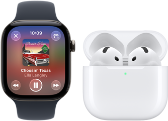 Apple Watch Series 12, alüminyum kasa, siyah renk, siyah Spor Kordon, Apple Music uygulaması açık, AirPods 4 ile eşleştirilmiş