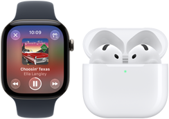 Apple Watch Series 12, alüminyum kasa, siyah renk, siyah Spor Kordon, Apple Music uygulaması açık, AirPods 4 ile eşleştirilmiş