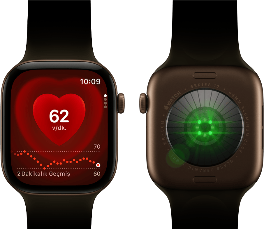İki adet Apple Watch Series 12 aygıtı, alüminyum kasa, klasik zeytin yeşili Spor Kordon takılı koyu bronz renk, aygıtlardan birinde Kalp Atış Hızı uygulaması, diğerinde ise saatin arkasındaki Sağlık Verisi Algılama Sistemi ve parlak yeşil LED ışıklar gösteriliyor