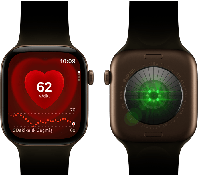 İki adet Apple Watch Series 12 aygıtı, alüminyum kasa, klasik zeytin yeşili Spor Kordon takılı koyu bronz renk, aygıtlardan birinde Kalp Atış Hızı uygulaması, diğerinde ise saatin arkasındaki Sağlık Verisi Algılama Sistemi ve parlak yeşil LED ışıklar gösteriliyor